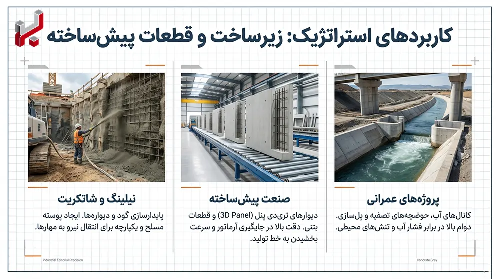 اینفوگرافیک کاربردهای تخصصی میلگرد مش در صنایع مختلف